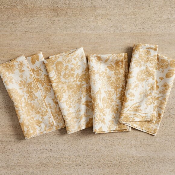 Pottery Barn Sorrel Toile Organic Cotton Tablecloth + 8 Dinner Napkins Yellow - Picture 12 of 13